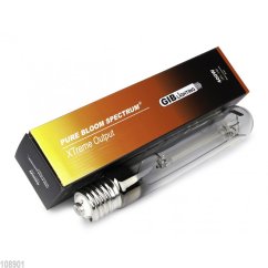 Žarulja GIB Lighting Pure Bloom Spectrum XTreme Output 400W HPS sa staklenom cijevi i metalnim navojem, pored narančasto-crne kutije Žarulja GIB Lighting Pure Bloom Spectrum XTreme Output 400W HPS sa staklenom cijevi i metalnim navojem, pored narančasto-crne kutije