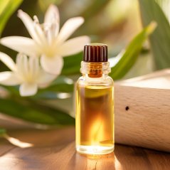 Невелика скляна пляшечка з золотавою BIO Monoi de Tahiti олією поруч з білою екзотичною квіткою на дерев'яній поверхні у природному середовищі Невелика скляна пляшечка з золотавою BIO Monoi de Tahiti олією поруч з білою екзотичною квіткою на дерев'яній поверхні у природному середовищі