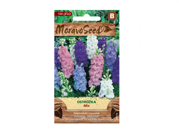 Barevný obal semen Moravoseed s ostružkou mix - zobrazuje vysoké květní klasy v růžové, fialové, bílé a modré barvě na zeleném pozadí