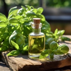Bottiglia di vetro con olio essenziale di basilico verde chiaro con tappo in sughero, posizionata su tavola di legno tra foglie di basilico verdi fresche Bottiglia di vetro con olio essenziale di basilico verde chiaro con tappo in sughero, posizionata su tavola di legno tra foglie di basilico verdi fresche