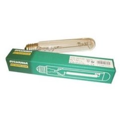 Sylvania SHP-T Super 400W HPS -polttimo pidennetyssä lasipullossa metallisella kierteellä vihreällä kotelolla, jossa valkoinen tuotetarra Sylvania SHP-T Super 400W HPS -polttimo pidennetyssä lasipullossa metallisella kierteellä vihreällä kotelolla, jossa valkoinen tuotetarra