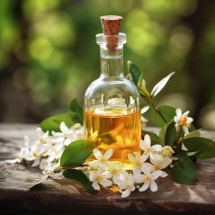 Glazen flesje met kurken dop met goudachtige olie op houten oppervlak, omringd door verse witte bloemen en groene takjes