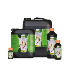 Atami ATA-XL podpůrný prostředek v černých plastových lahvích různých velikostí se zelenými etiketami obsahující minerály, vitamíny a aminokyseliny