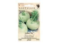 Samenpaket frühe Kohlrabi Moravia der Marke Nostalgie mit Foto grüner kugelförmiger Kohlrabi mit gelblicher Schale und grünen Blättern