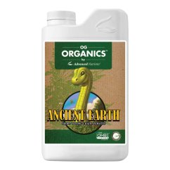 Bílá plastová láhev Advanced Nutrients OG Organics Ancient Earth 1L s barevným etiketem zobrazujícím dinosaura a zeleným logem organics Bílá plastová láhev Advanced Nutrients OG Organics Ancient Earth 1L s barevným etiketem zobrazujícím dinosaura a zeleným logem organics