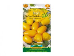 Taiko banana pole tomato seed packaging with image of yellow oval fruits on yellow-green Gardente brand packaging
