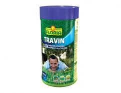 Floria Travin král trávníků 800g v plastové dóze s fialovým víčkem, trávníkové hnojivo s účinkem proti plevelům na bílém pozadí