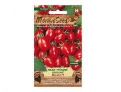 MoravoSeed seed package with red date tomatoes Mandat F1, green-brown packaging with photo of oval red fruits on branches MoravoSeed seed package with red date tomatoes Mandat F1, green-brown packaging with photo of oval red fruits on branches