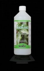 Weiße Kunststoffflasche Leaf Coat 1L von BioBizz mit weißem Verschluss und grünem Etikett, organischer Pflanzenverstärker gegen Verdunstung
