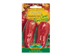Barevné balení semen paprika banánový typ Corno di toro rosso s obrázkem dvou červených protáhlých kuželovitých plodů na zeleném pozadí