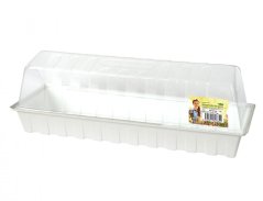 Valkoinen muovinen mini-kasvihuone ikkunalaudalle 44x15x10cm läpinäkyvällä kannella ja tyhjennyksellä alaosassa taimien kasvatukseen