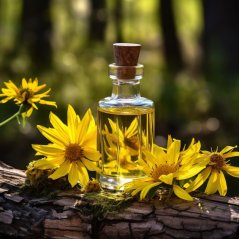 Glazen fles met kurken stop gevuld met goudgele arnica-olie geplaatst tussen verse gele arnicabloemen op houten achtergrond