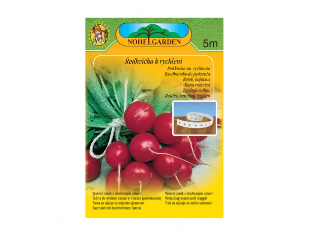 Balení semen ředkvičky červené SAXA 2 od NOHEL GARDEN s obrázkem červených kulatých ředkviček se zelenými listy na žlutém pozadí, 5m výsevný pásek