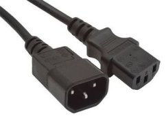 Černý prodlužovací kabel IEC320 C13/14 délky 1,8m s mužským a ženským konektorem, kvalitní plastové koncovky pro napájení zařízení