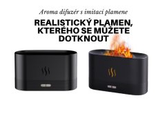 Černý aroma difuzér s imitací plamene zobrazený ve dvou stavech - vypnutý vlevo a zapnutý s oranžovými plameny vpravo na bílém pozadí Černý aroma difuzér s imitací plamene zobrazený ve dvou stavech - vypnutý vlevo a zapnutý s oranžovými plameny vpravo na bílém pozadí