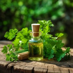 Kleine glazen fles met kurken dop gevuld met goudachtige peterselie-etherische olie op houten ondergrond tussen groene peterselietakjes