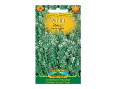 Opakowanie nasion macierzanki pospolitej z żółto-zielonym designem, przedstawiające kwitnącą ziołę z drobnymi białymi kwiatami i zielonymi liśćmi