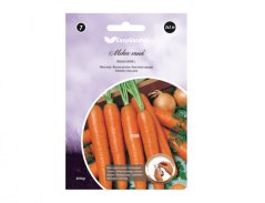 A EasyGarden Korai Sárgarépa SYLVA 3x2m vetőcsíkjának csomagolása narancssárga sárgarépákkal a lila dobozon, a 7-es szám a bal sarokban A EasyGarden Korai Sárgarépa SYLVA 3x2m vetőcsíkjának csomagolása narancssárga sárgarépákkal a lila dobozon, a 7-es szám a bal sarokban