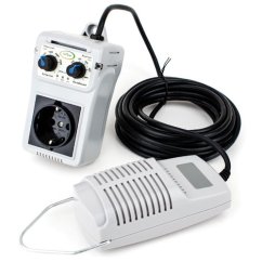 CO2 SuperPro analogový regulátor CO2 - bílé plastové zařízení s ovládacími knoflíky, černým kabelem a bílým senzorem pro měření CO2