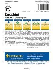Zadní strana balení semen cukety Diamant s detailními pěstebními informacemi, tabulkou výsadby a sklizně v německém jazyce na bílém pozadí