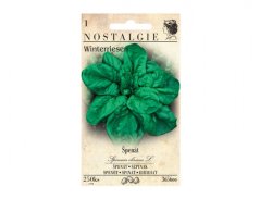 Ambalaj semințe spanac Monores de la Nostalgie cu imagine de frunze verzi, plic de hârtie albă indicând 250 de semințe