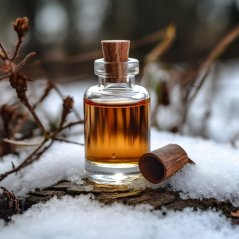 Малко стъклено шише с корков капак, напълнено с кехлибарен цвят BIO Mongongo олио, поставено върху заснежена дървена дъска