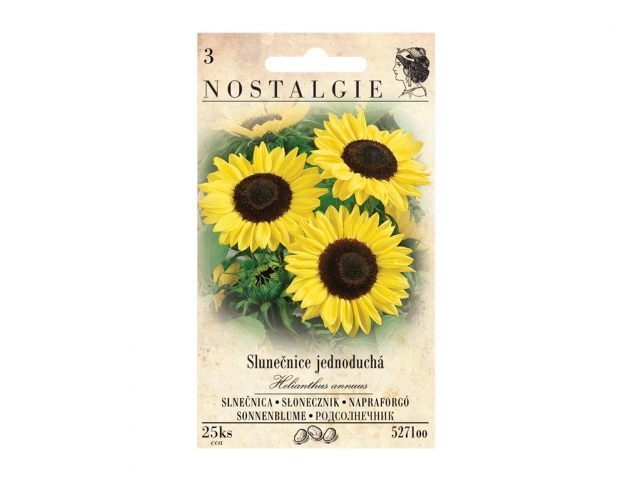 Balení semen slunečnice roční Nostalgie s ilustrací tří žlutých slunečnic s tmavými středy na béžovém obalu s textem a váhou 25 ks