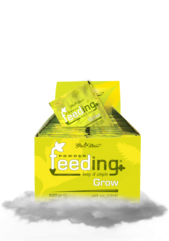 Žluté balení Green House Powder Feeding Grow 500g s otevřeným boxem a vystupujícím sáčkem, kompletní hnojivo pro růstovou fázi rostlin