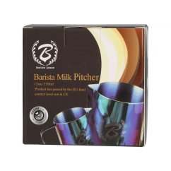 Schwarze Schachtel mit orangefarbenem Übergang, die Barista Space Blue Rainbow 350ml Milchkännchen mit Logo und Produktbeschreibung enthält