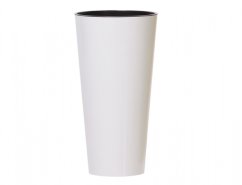 Bílý matný plastový obal na květník TUBUS SLIM ve tvaru vysokého válce s černým vnitřním okrajem, průměr 30 cm a výška 57 cm pro interiér