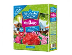 Zelená krabička Jihočeské hnojivo na muškáty 2kg+30% s obrázkem barevných muškátů a domečků, organicko-minerální hnojivo pro balkonové rostliny