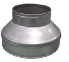 Kovový přechod 125/200mm v šedé barvě s kuželovitým tvarem pro spojení ventilačních potrubí různých průměrů v systémech vzduchotechniky