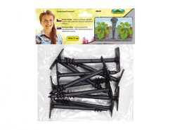 Picchetti di plastica neri per fissaggio tessuto non tessuto 13cm in confezione trasparente con etichetta colorata che mostra l'uso in giardino, 10 pezzi