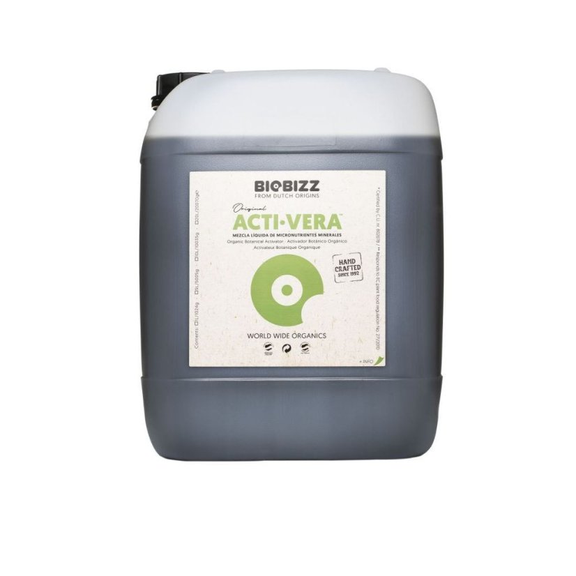 BioBizz Acti-Vera Botanic Activator 10l - plastový kanister s bílým víčkem obsahující tmavou tekutinu s bílo-zeleným štítkem produktu