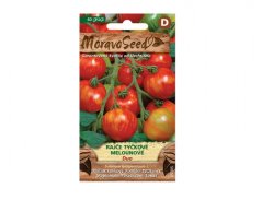 Confezione di semi Pomodoro a grappolo melone Duo di Moravoseed con immagine di pomodori rossi a righe sui rami, logo verde e sfondo marrone