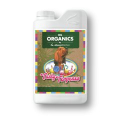 Bílá plastová láhev Advanced Nutrients OG Organics Tasty Terpenes 1L s barevným etiketem zobrazujícím psa a sladkosti pro bio-stimulaci Bílá plastová láhev Advanced Nutrients OG Organics Tasty Terpenes 1L s barevným etiketem zobrazujícím psa a sladkosti pro bio-stimulaci