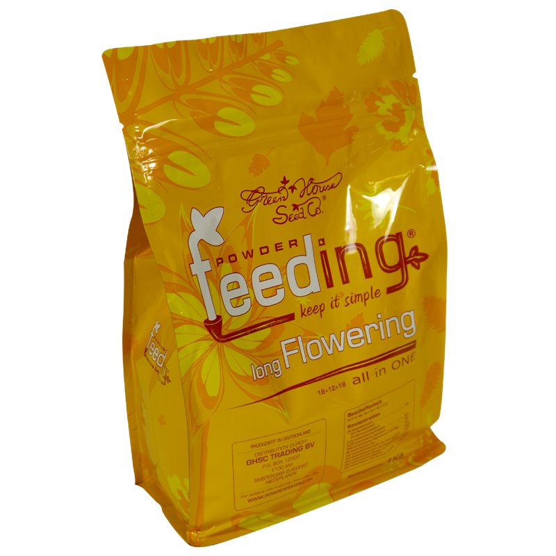 Žlutý plastový sáček Green House Feeding Long Flowering prášek 1Kg s květinovými motivy, hnávro pro dlouhé kvetení konopí v uzavíratelném obalu