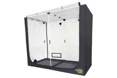 Carpa de cultivo blanca PROBOX ECOPRO 240L con marco negro, dimensiones 240x120x200cm, abierta con ventanas transparentes y orificios de ventilación en la parte superior