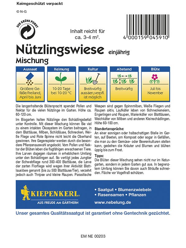 Zadní strana balení semen květinové louky s německým popisem, instrukcemi k výsevu, bílým pozadím a tabulkou s informacemi o pěstování