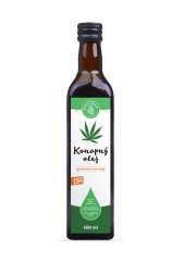 Ciemnobrązowa szklana butelka z czarną nakrętką zawierająca Zelená Země BIO olej konopny 500ml z białą etykietą i zielonym liściem konopi