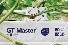 Bílá pěstební rohož GRODAN GT Master NG2.0 s modrou značkou Plantop umístěná mezi zelenými stonky rostlin v hydroponickém systému