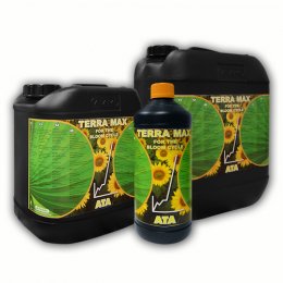 Terra Max 1L - zeleno-černé plastové kanystry s oranžovými uzávěry, obsahující kompletní výživu pro rostliny ve květové fázi