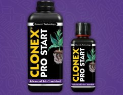Clonex PRO Start 300ml - černé lahvičky s pokročilou 3-v-1 formulí pro podporu růstu kořenů a sazenic na fialovém pozadí