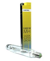 Lampe Elektrox Super Grow 1000W MH avec tube en verre transparent, culot métallique E40 et emballage cartonné jaune avec texte noir Lampe Elektrox Super Grow 1000W MH avec tube en verre transparent, culot métallique E40 et emballage cartonné jaune avec texte noir