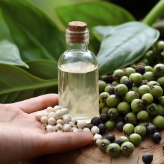 Flacone di vetro trasparente con tappo in sughero pieno di olio trasparente, semi di pepe bianchi in mano, sfondo di foglie verdi e chicchi di pepe colorati Flacone di vetro trasparente con tappo in sughero pieno di olio trasparente, semi di pepe bianchi in mano, sfondo di foglie verdi e chicchi di pepe colorati