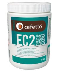 Bílá plastová dóza Cafetto EC2 Espresso Clean o hmotnosti 1,2kg s tyrkysovo-zeleným štítkem a hnědým logem pro čištění kávovarů