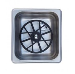 Silberne Edelstahlschale The Rinser mit schwarzem Rotationsrad am Boden, Draufsicht auf kompaktes Design für Bargebrauch Silberne Edelstahlschale The Rinser mit schwarzem Rotationsrad am Boden, Draufsicht auf kompaktes Design für Bargebrauch
