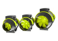 Tre ventilatori tubolari a doppia velocità Garden HighPro PROFAN TT Extractor Fan 125mm con pale verdi e coperture nere Tre ventilatori tubolari a doppia velocità Garden HighPro PROFAN TT Extractor Fan 125mm con pale verdi e coperture nere