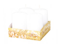 Candele dell'Avvento bianche con superficie verniciata diametro 4cm altezza 6cm, confezione da 4 pezzi, marchio Soul Garden su confezione dorata con motivo natalizio Candele dell'Avvento bianche con superficie verniciata diametro 4cm altezza 6cm, confezione da 4 pezzi, marchio Soul Garden su confezione dorata con motivo natalizio