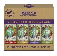 Atami VGN 4-Pack vegánské hnojivo v hnědé krabici obsahuje čtyři 250ml lahvičky s NPK poměry 5-2-2, 2-2-4, 1-4-4 a CalMag pro organické pěstování